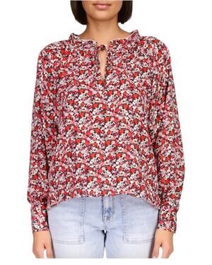 Sanctuary Flower Power Blouse 1X Red Pink Floral Ruffle Keyhole Neck Top Size 1X
